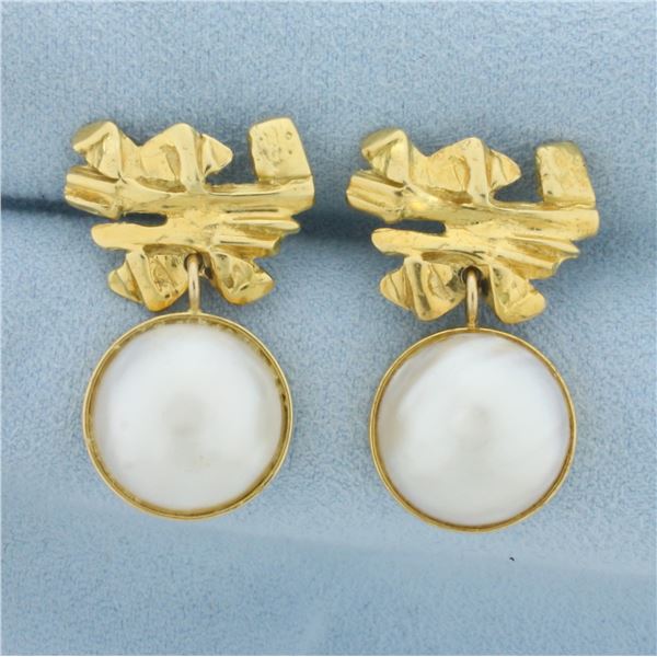 Designer Dangle Mabe Pearl Dangle Earrings in 18K Yellow Gold