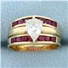 Image 1 : Vintage Pear Diamond and Ruby Ring in 14K Yellow Gold