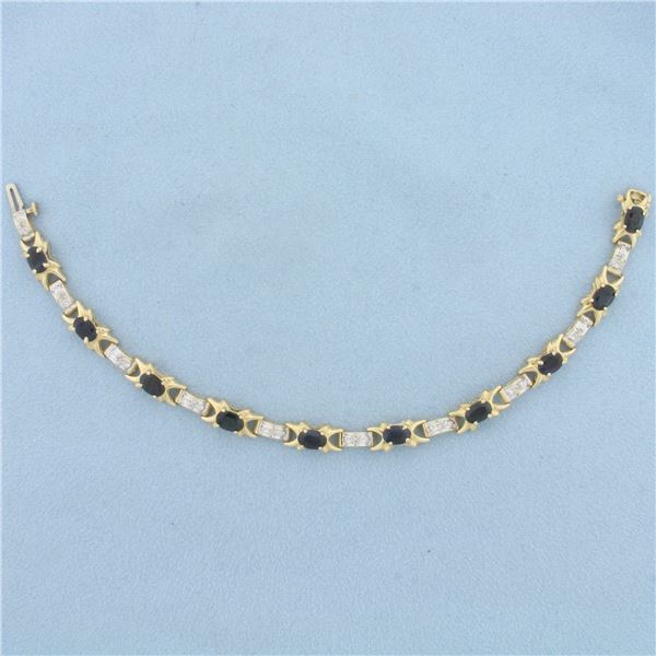 Natural Sapphire and Diamond Tennis Bracelet in 14K Yellow Gold