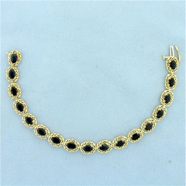 Vintage Filigree Natural Sapphire Line Tennis Bracelet in 10K Yellow Gold