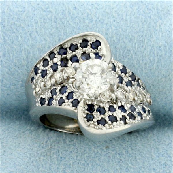 Vintage Natural Sapphire and Diamond Engagement Ring in 14k White Gold