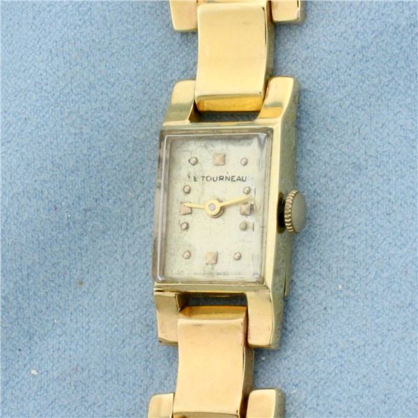 Womens Vintage Tourneau Wrist Watch in Solid 14K Yellow Gold