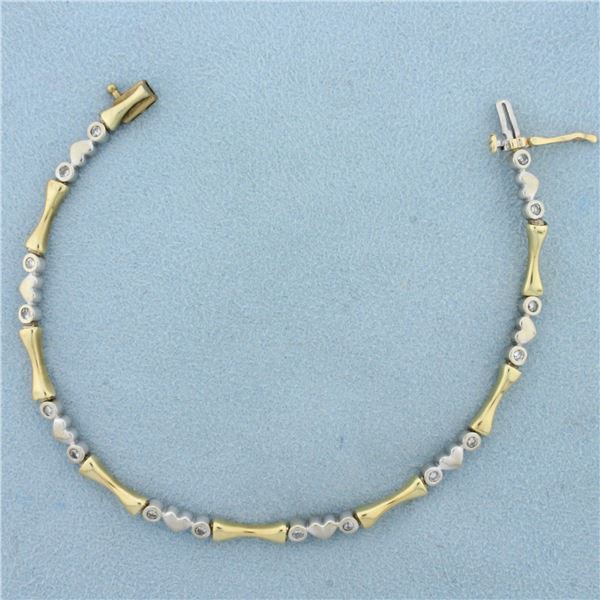 Diamond Heart Link Two Tone Bracelet in 14K Yellow and White Gold
