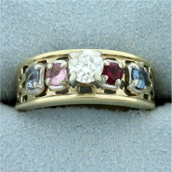 Vintage Diamond, Ruby, Sapphire, and Topaz Ring in 10K Yellow Gold
