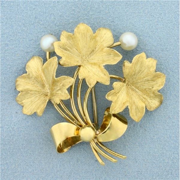 Vintage Italian Flower Pearl Pin in 18K Yellow Gold