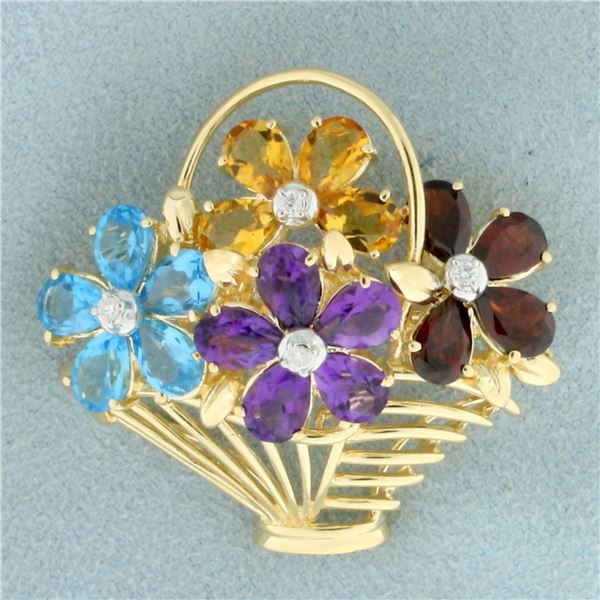 Rainbow Gemstone and Diamond Flower Basket Brooch in 14K Yellow Gold