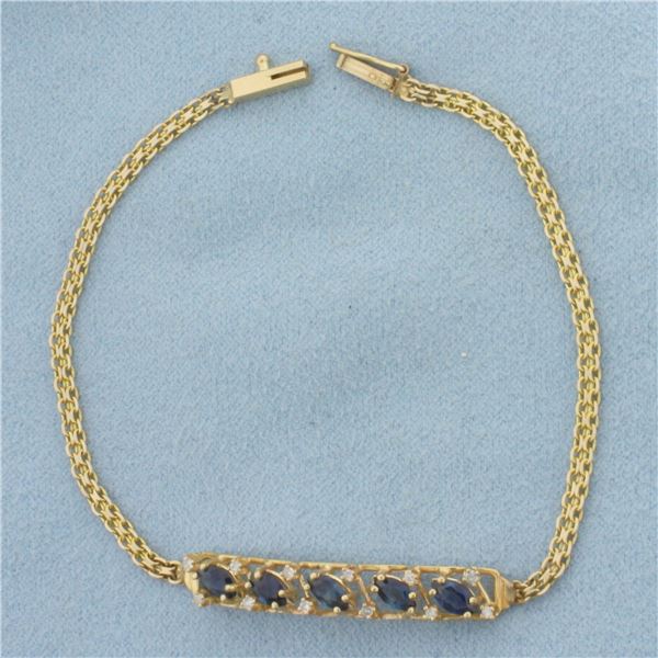 Vintage Sapphire and Diamond Bar Bracelet in 14K Yellow Gold