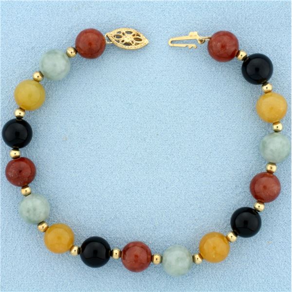 Multicolor Jade Ball Bead Bracelet in 14k Yellow Gold
