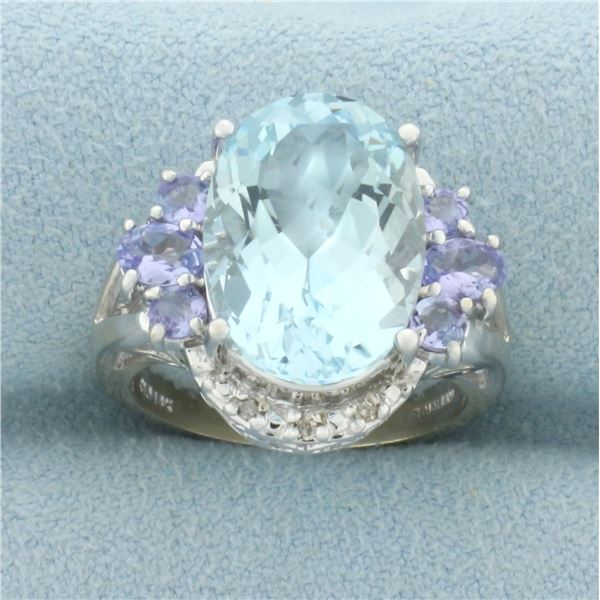 Aquamarine, Tanzanite, and Diamond Ring in 14k White Gold