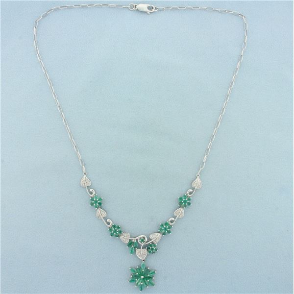 6ct Emerald and Diamond Flower Design Necklace in 14k White Gold