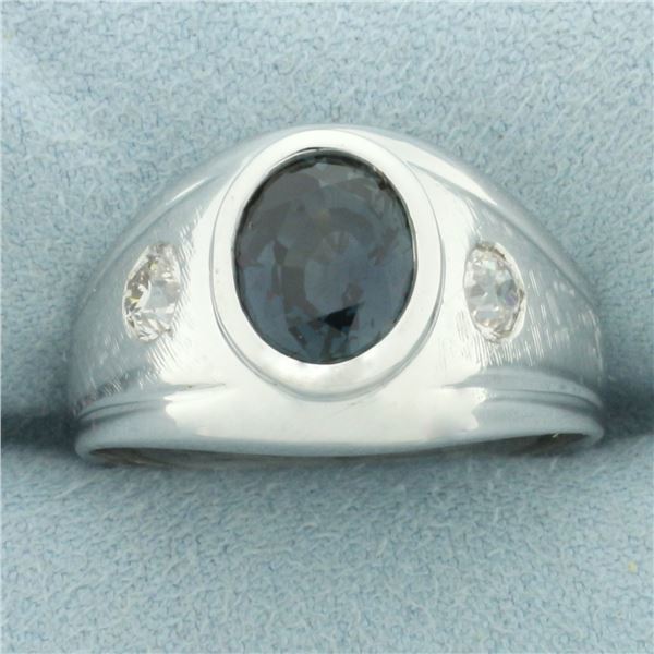 Mens Teal Sapphire and Old European Cut Diamond Ring in 14k White Gold