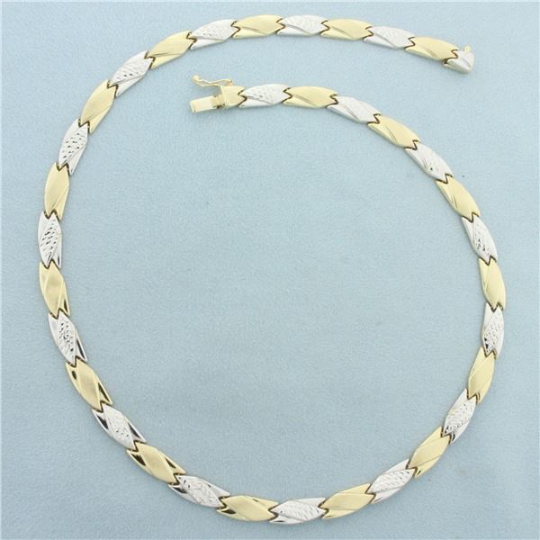 17 Inch Two Tone Diamond Cut Designer Link Necklace in 14k Yellow and White Gold