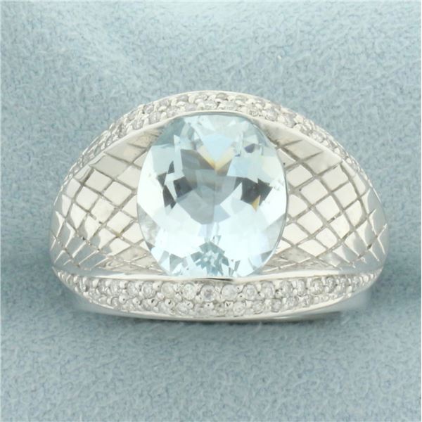 4ct Aquamarine and Diamond Quilted Design Ring in 14k White Gold