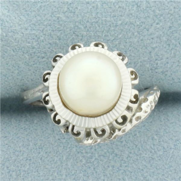 Unique Akoya Pearl Spiral Design Ring in 14k White Gold