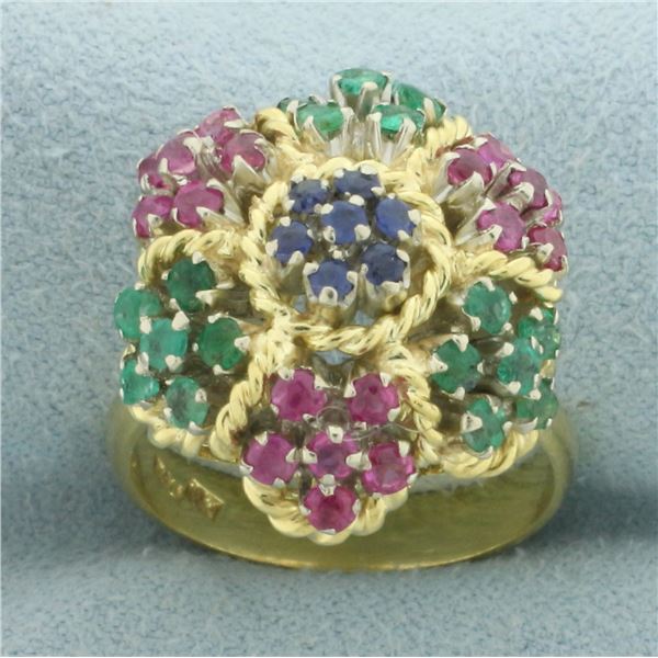 Italian Sapphire Ruby and Emerald Flower Ring in 18k Yellow Gold