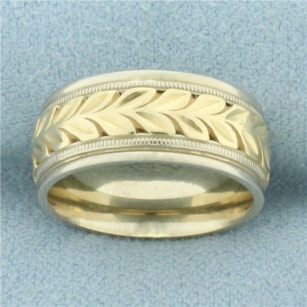 Designer Diana Leaf Nature Design Wedding Band Ring in 14k White and Yellow Gold