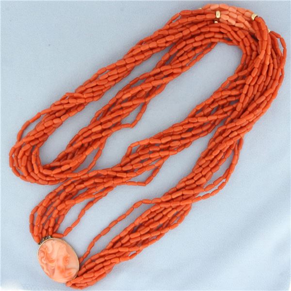Vintage Red Coral Multi-Strand Cameo Necklace in 14k Yellow Gold