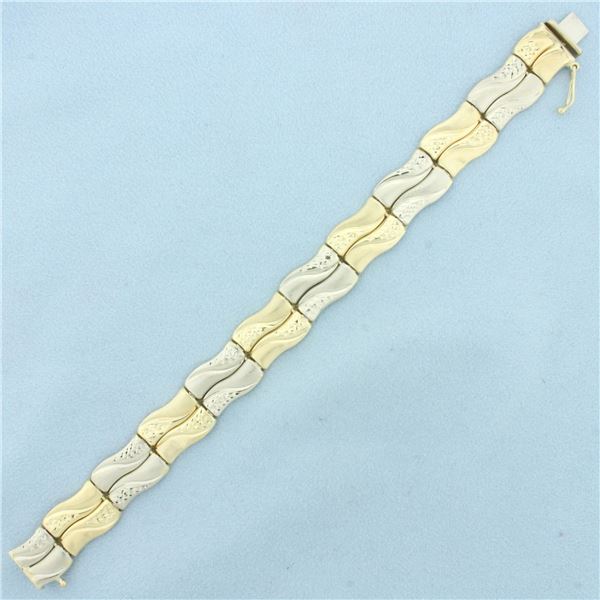 Diamond Cut Wave Design Bar Bracelet in 14k Yellow and White Gold