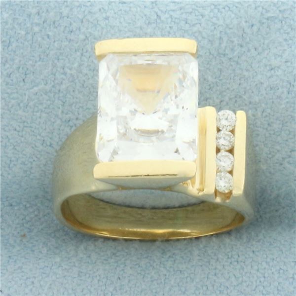 Radiant CZ and Diamond Ring in 14k Yellow Gold