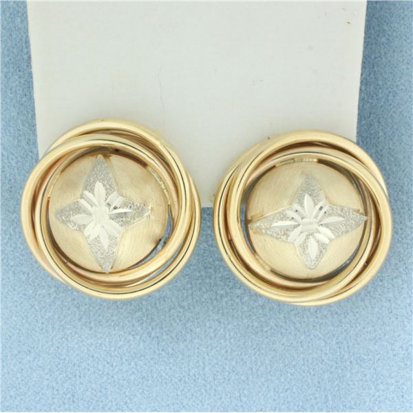 Diamond Cut Star Button Earrings in 14k Yellow and White Gold