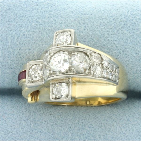Antique Old European Diamond and Ruby Cross Design Ring in 14k Yellow Gold