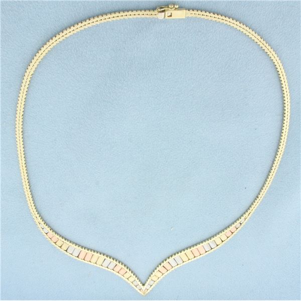 16 Inch Italian Tri-Color Gold V Choker Necklace in 14k Yellow, White, and Rose Gold