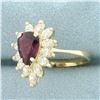Image 2 : Pear Cut Ruby and Diamond Halo Ring in 14k Yellow Gold