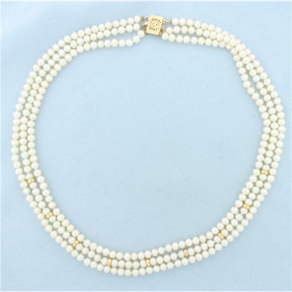 Triple Strand Pearl and Gold Bead Necklace in 14k Yellow Gold