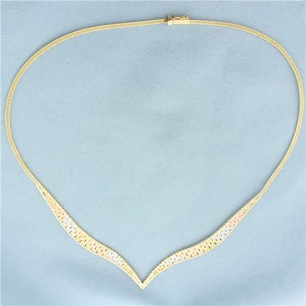 Tri-Color Italian V Necklace in 14k Yellow, White, and Rose Gold