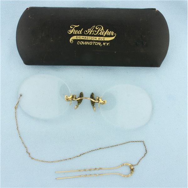 Antique Pince Nez Glasses Spectacles with Hair Pin and Case