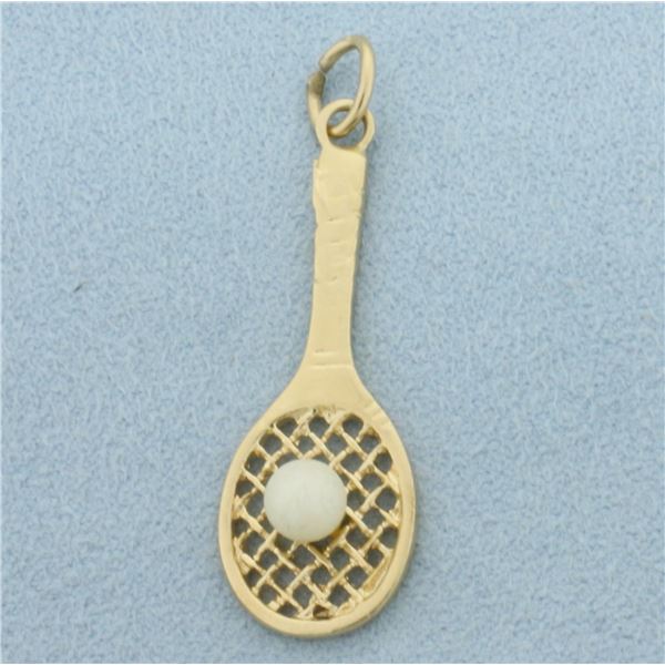 Tennis Racket Pearl Charm in 14k Yellow Gold