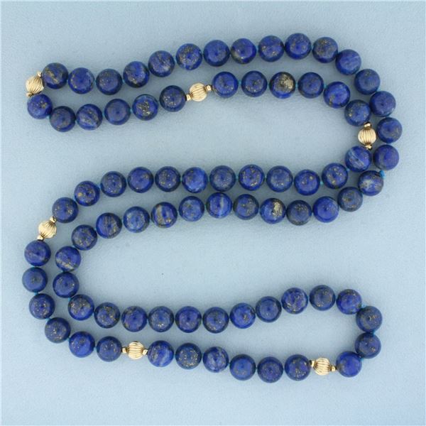 Lapis Lazuli and 14k Gold Bead Hand Knotted Strand Necklace