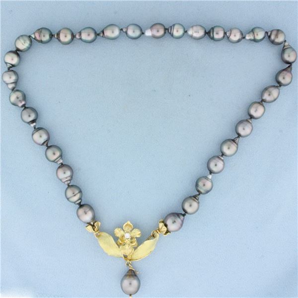 Designer Angela Conty Tahitian Pearl and Diamond Necklace in 18k Yellow Gold