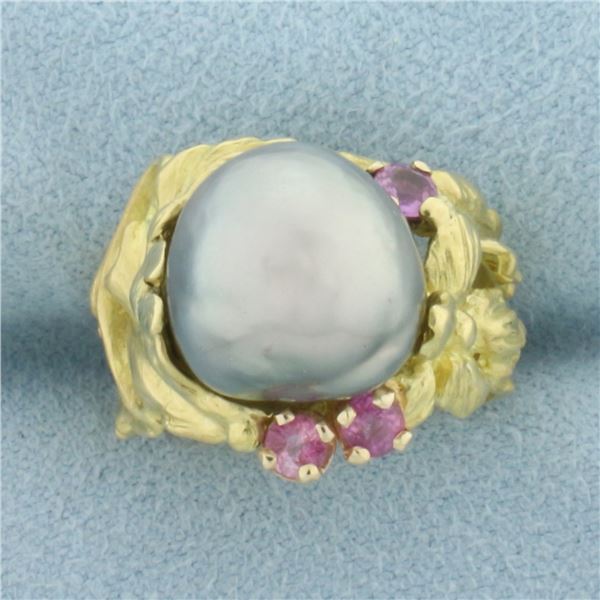 Designer Angela Conty Tahitian Pearl and Pink Sapphire Flower Ring in 18k Yellow Gold