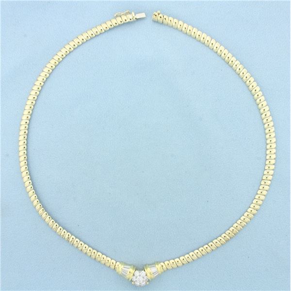 Italian Round and Baguette Diamond Designer Necklace in 14k Yellow Gold
