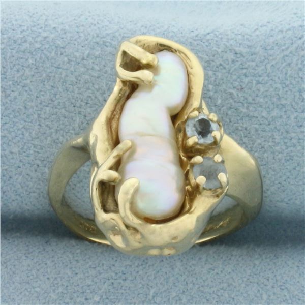 Baroque Pearl and Aquamarine Ring in 14k Yellow Gold