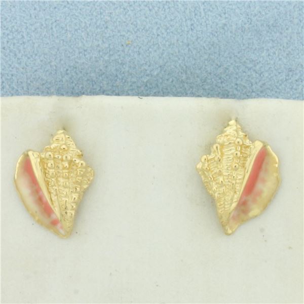 Enamel Conch Shell Earrings in 14k Yellow Gold