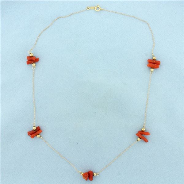 Red Coral Station Necklace in 14k Yellow Gold