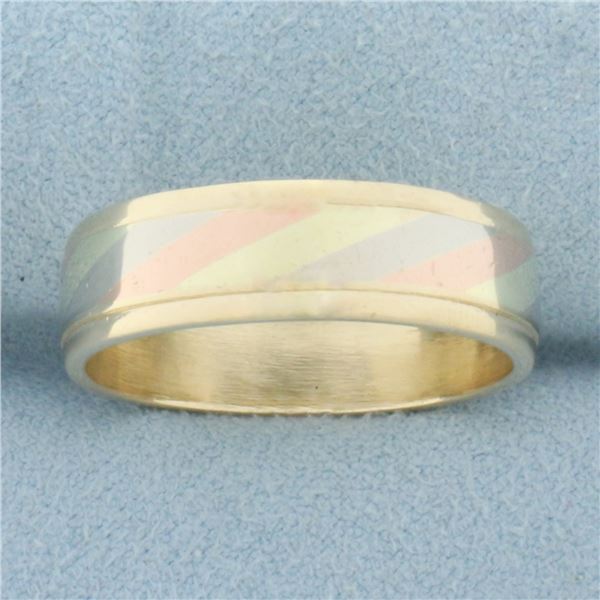 Mens Tri-Color Striped Wedding Band Ring in 14k Yellow, Rose, and White Gold