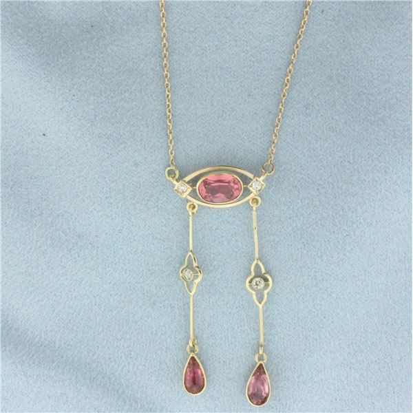 Vintage Morganite and Diamond Lavalier Dangle Necklace in 14k Yellow Gold