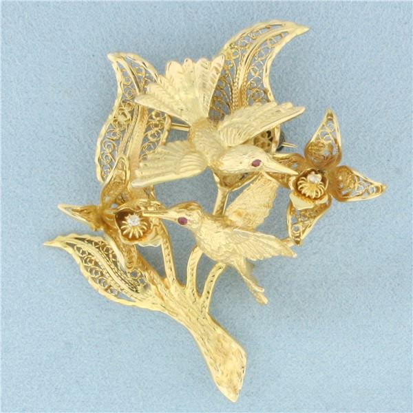 Hummingbirds and Flowers Ruby and Diamond Brooch in 14k Yellow Gold