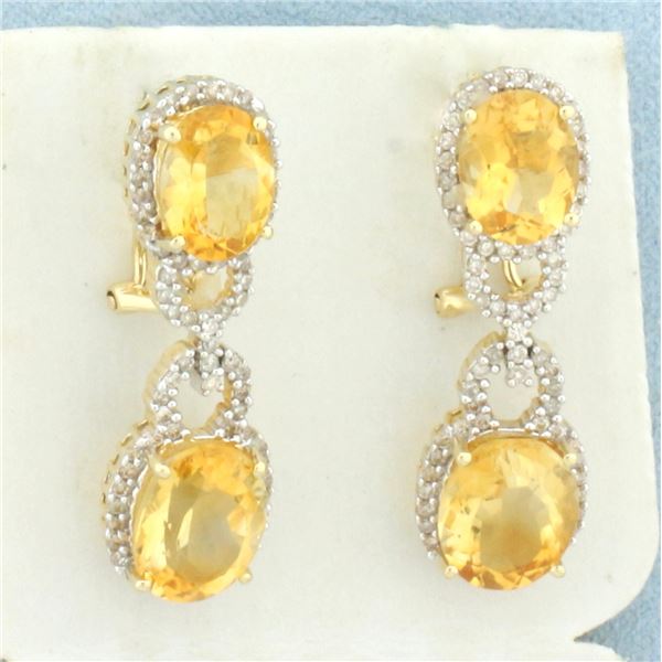 Citrine and Diamond Dangle Earrings in 14k Yellow Gold