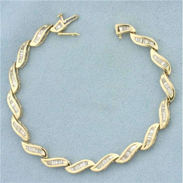 Baguette Diamond Wave Design Tennis Bracelet in 14k Yellow Gold