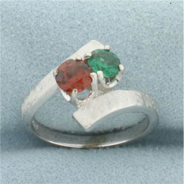 Green  and Red Garnet Toi et Moi Ring in 14k White Gold