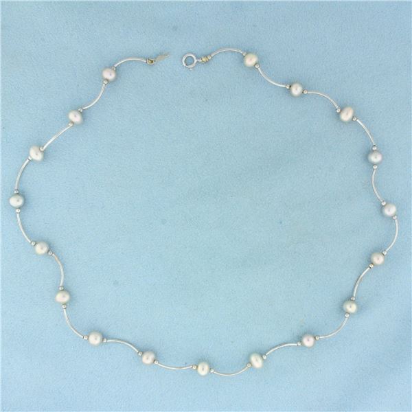 16 Inch Silver Pearl Station Choker Necklace in 14k White Gold