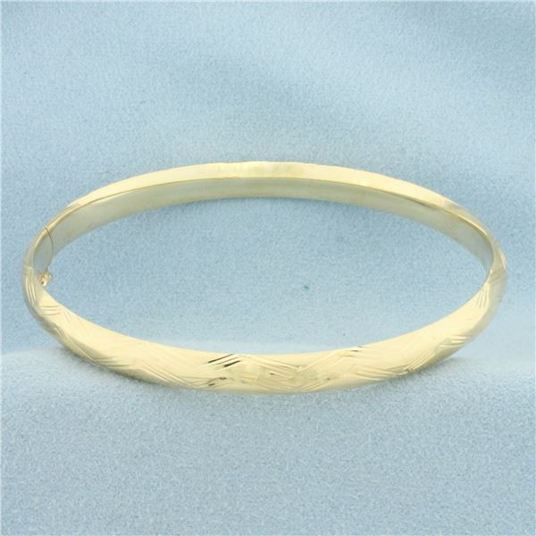 Etched Wave Design Hinged Bangle Bracelet in 14k Yellow Gold