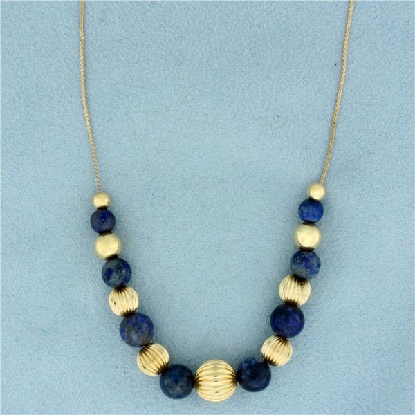 Italian Lapis Lazuli Ball Bead Necklace in 14k Yellow Gold