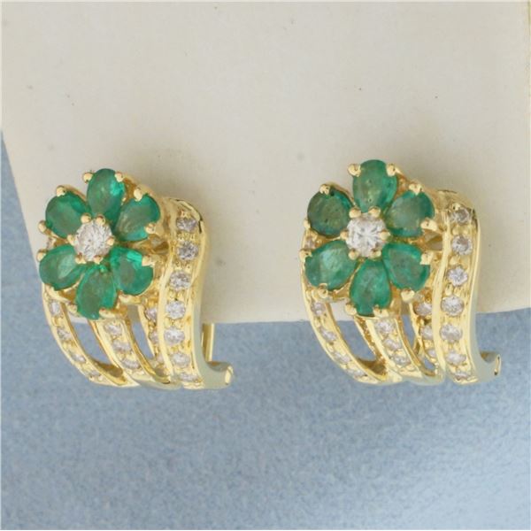 Emerald and Diamond Flower Earrings in 18k Yellow Gold