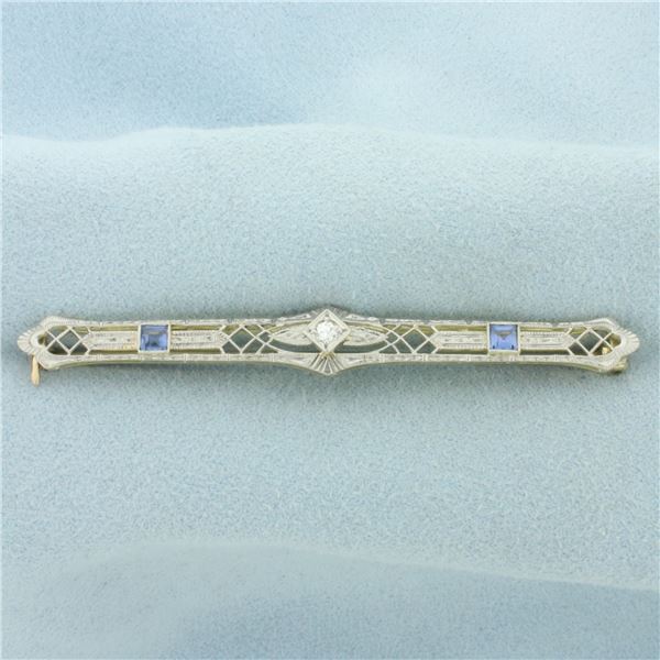 Antique Art Deco Old European Cut Diamond and Sapphire Pin Brooch in 14k White and Yellow Gold