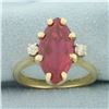 Image 1 : Vintage Marquise Lab Ruby and Diamond Ring in 14k Yellow Gold